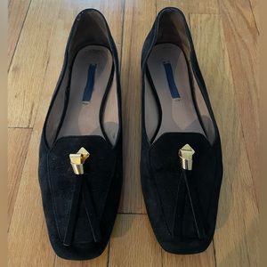 Stuart Weitzman black suede loafers with tassel